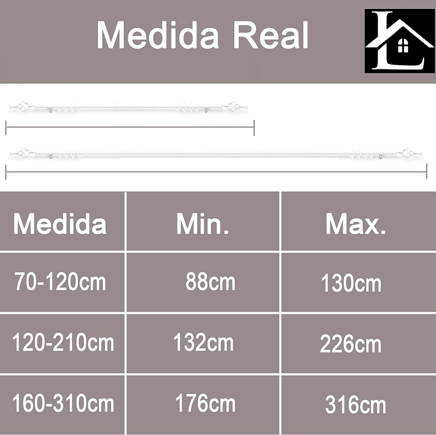 Barra Extensible para Cortina con terminales en Estilo de Moderno - Barra Cortina Básica Rectángula incluiye Soportes y Anillos de Plásticos