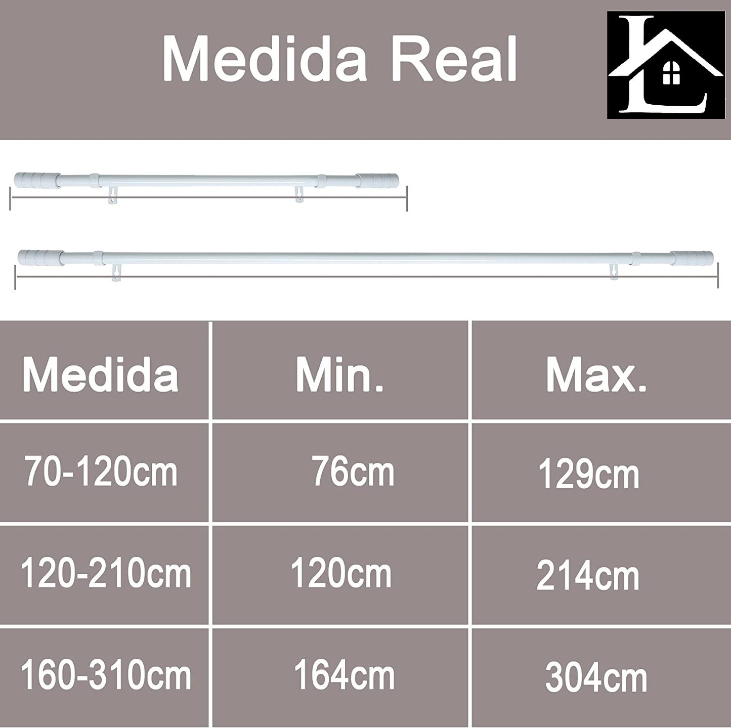 Barra Extensible para Cortina con terminales en Estilo de Rural - Barra Sencilla Forja Universal Extensible Decolativa con Soportes y Anillos de Plásticos