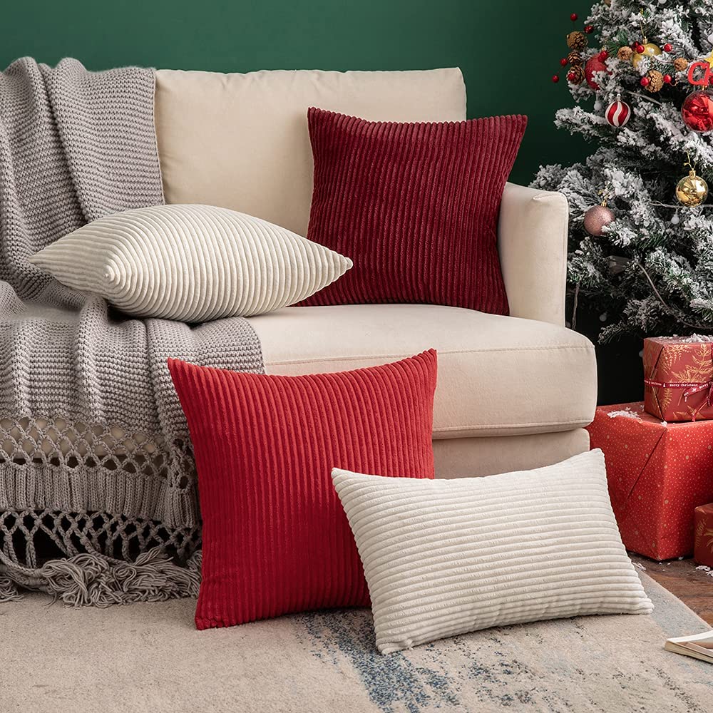 Funda de Cojines de Pana a Rayas Funda de Almohada Cuadrado Suave Decoración Moderna para Sofá Silla Habitación Cama Salón 45x45cm Beige