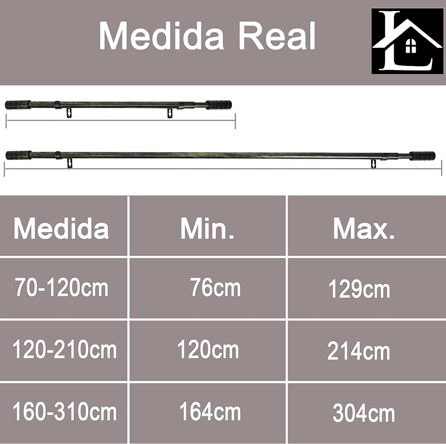 Barra Extensible para Cortina con terminales en Estilo de Rural - Barra Sencilla Forja Universal Extensible Decolativa con Soportes y Anillos de Plásticos