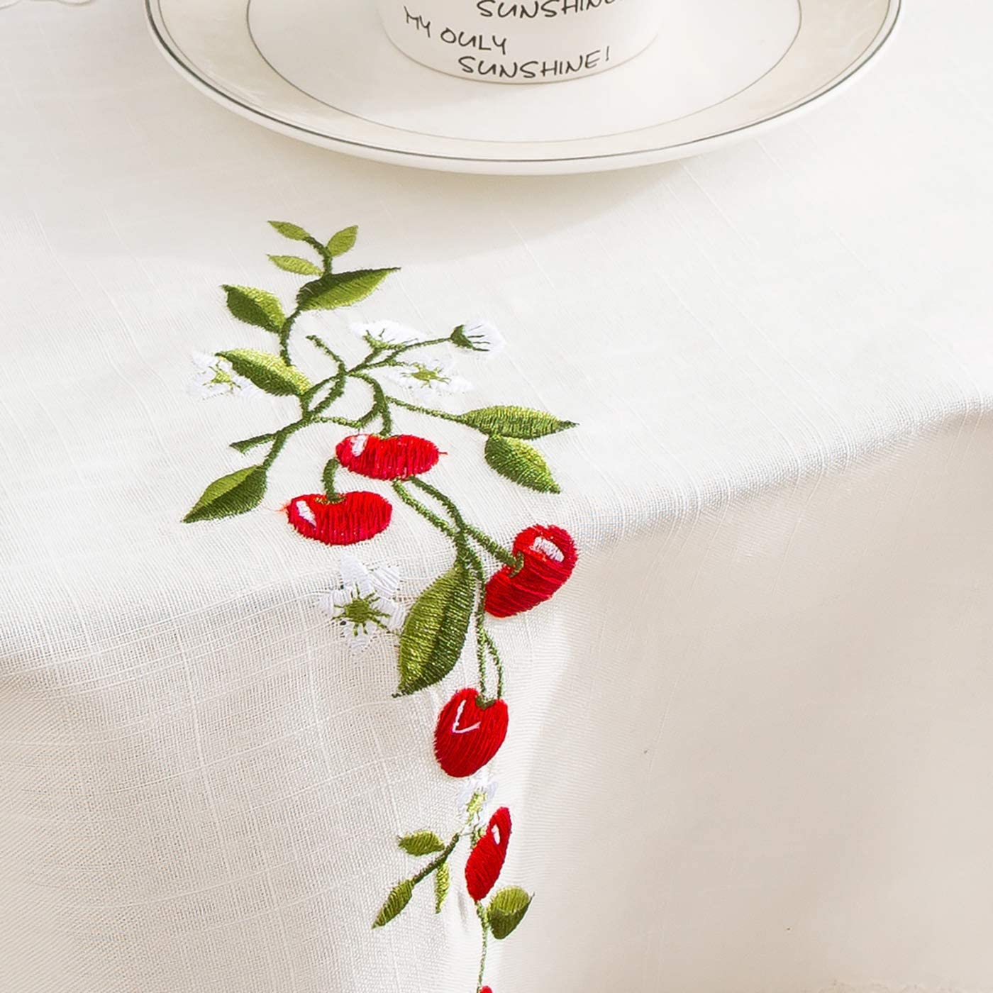 Manteles Redondo Algodon Lino - Mantel Decorativo con Diseño Bordado Cerezas para Mesa de Cocina - Comedor