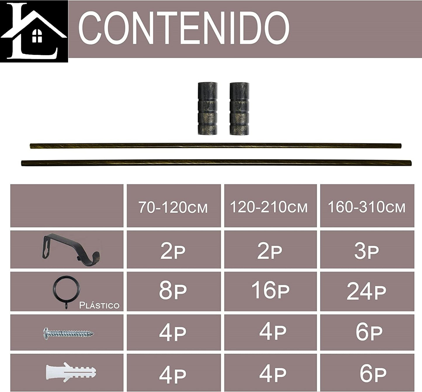 Barra Extensible para Cortina con terminales en Estilo de Rural - Barra Sencilla Forja Universal Extensible Decolativa con Soportes y Anillos de Plásticos