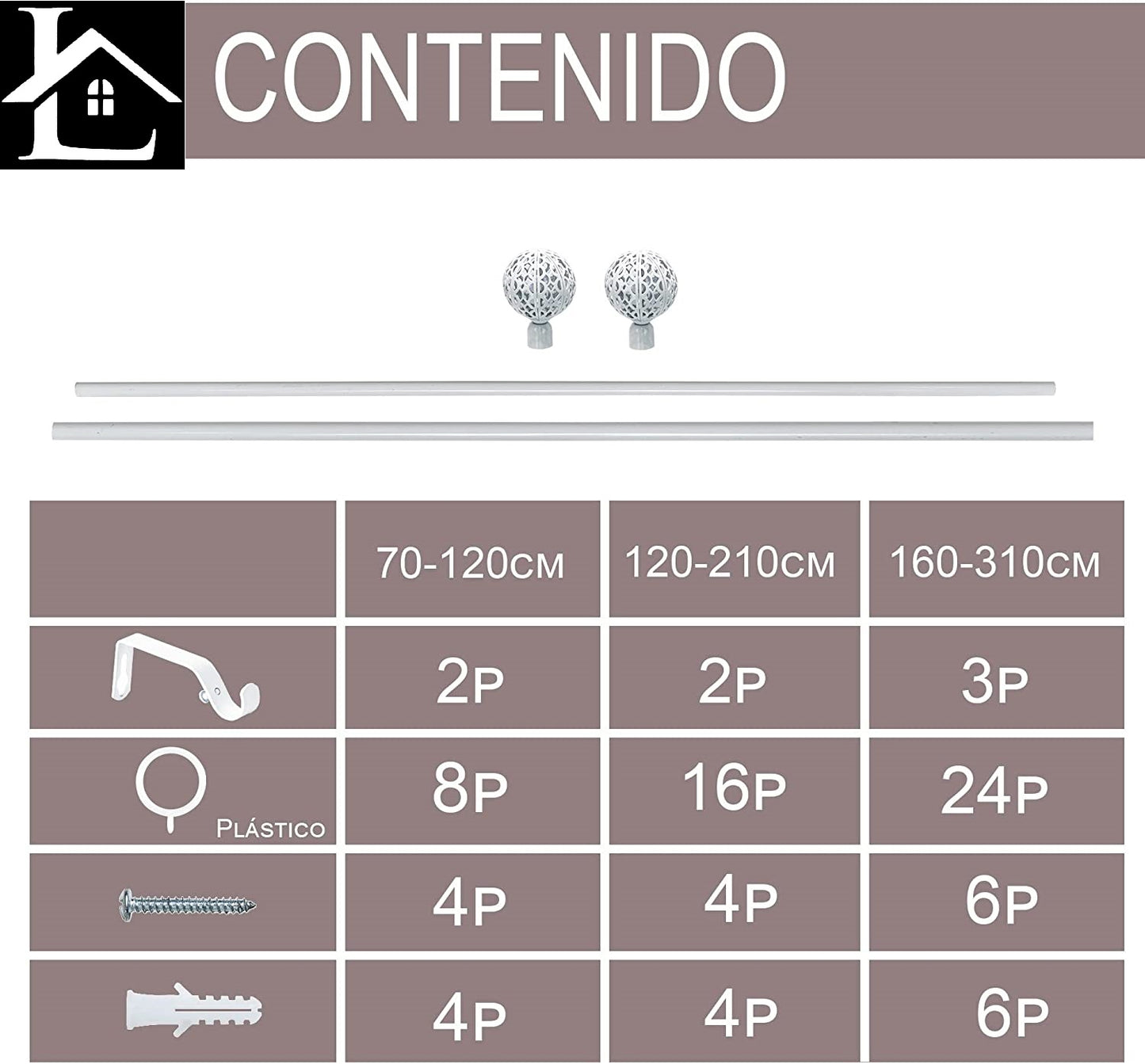 Barra Extensible para Cortina con terminales en Estilo de Moderno - Barra Cortina Básica Rectángula incluiye Soportes y Anillos de Plásticos