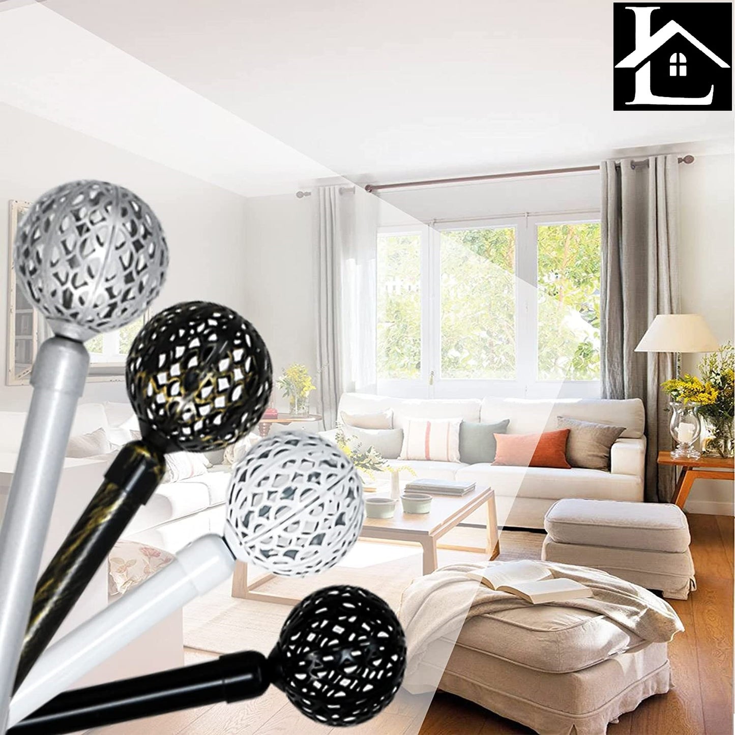 Barra Extensible para Cortina con terminales en Estilo de Moderno - Barra Cortina Básica Rectángula incluiye Soportes y Anillos de Plásticos