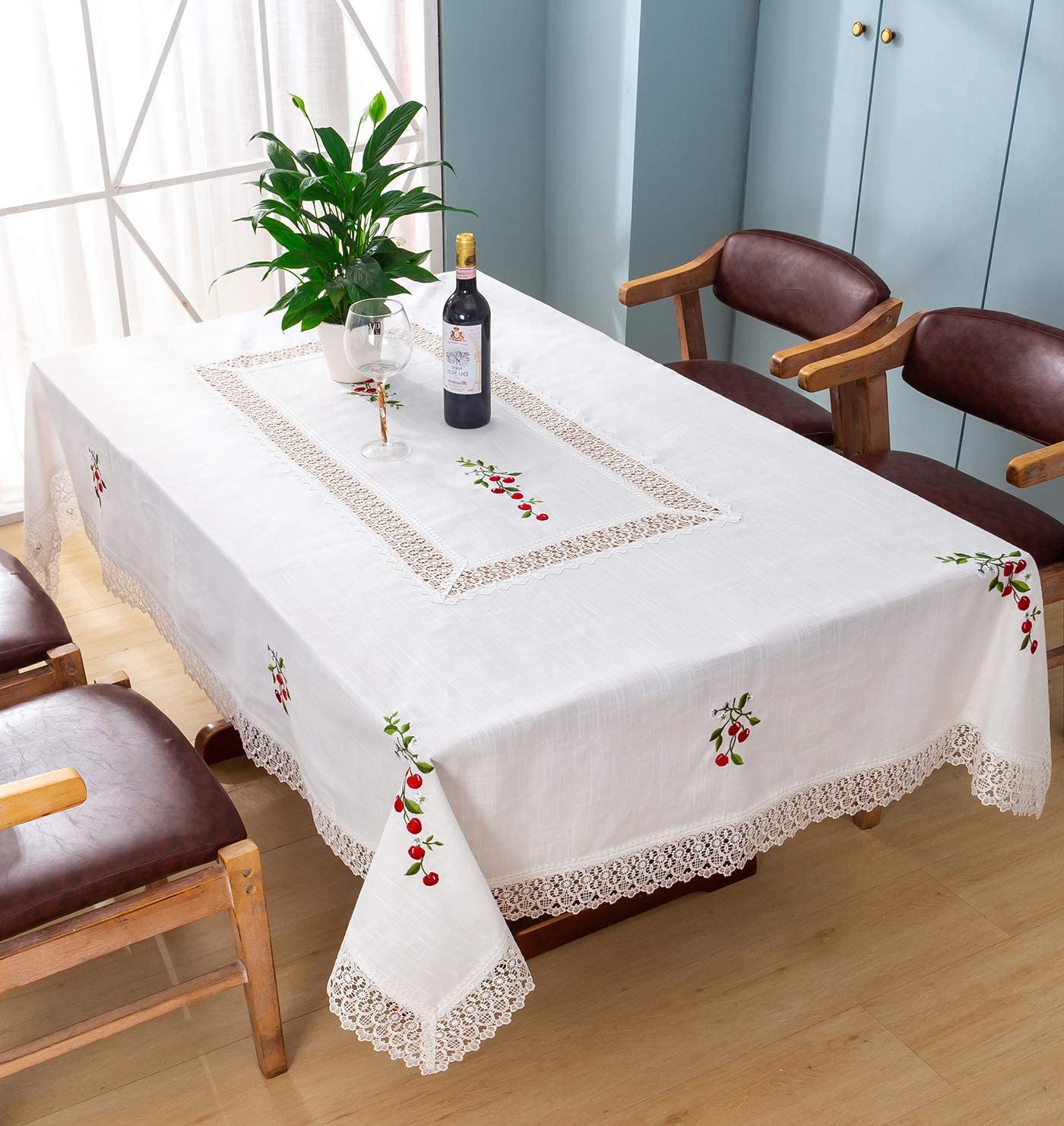 Manteles Redondo Algodon Lino - Mantel Decorativo con Diseño Bordado Cerezas para Mesa de Cocina - Comedor