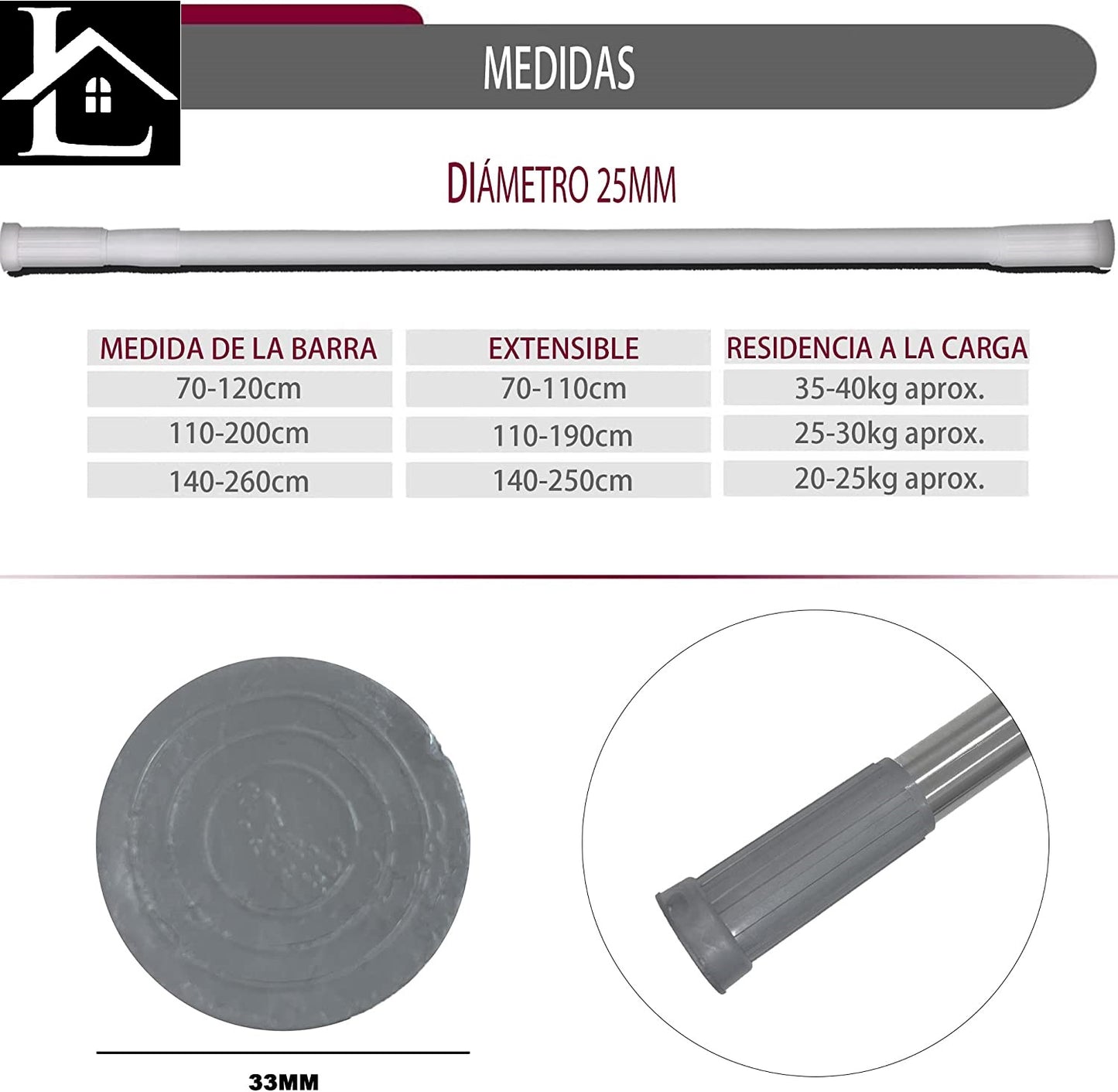 Barra Extensible Ajustable de Aluminio para baño, ropero, Armario y Cocina. Fácil Montaje, sin taladros ni Tornillos. Barra de tensión telescópica