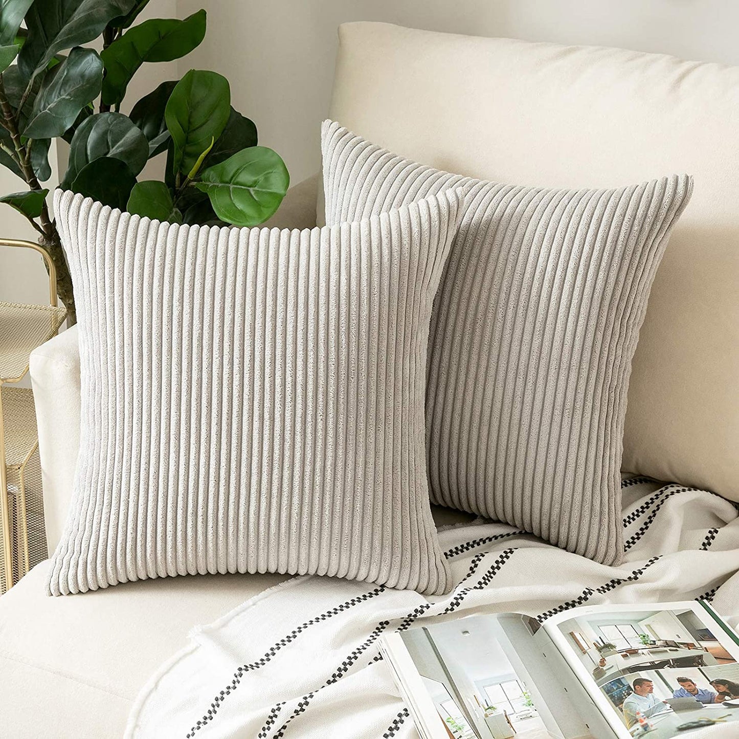 Funda de Cojines de Pana a Rayas Funda de Almohada Cuadrado Suave Decoración Moderna para Sofá Silla Habitación Cama Salón 45x45cm Gris