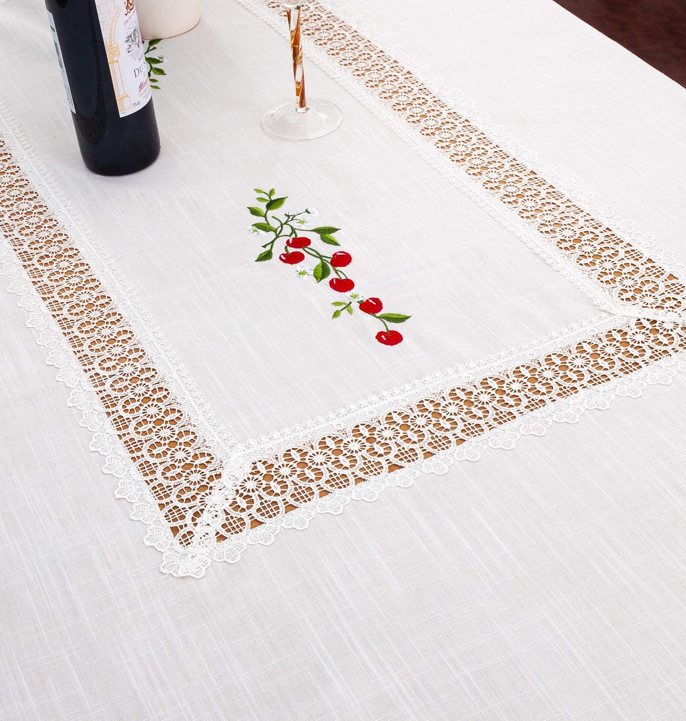 Manteles Redondo Algodon Lino - Mantel Decorativo con Diseño Bordado Cerezas para Mesa de Cocina - Comedor