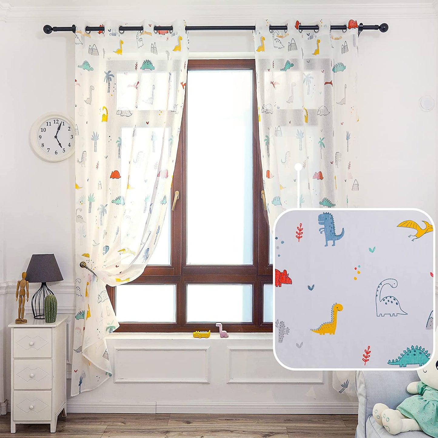 Cortinas Infantiles Niño Translucido Dos Paneles de 140x260cm- Cortinas Juveniles Animales para Habitación Sala de Estar 2 Piezas Patrón de Dinosaurio