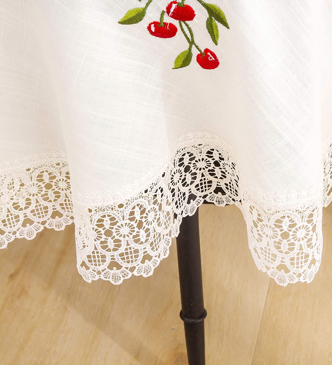 Manteles Redondo Algodon Lino - Mantel Decorativo con Diseño Bordado Cerezas para Mesa de Cocina - Comedor