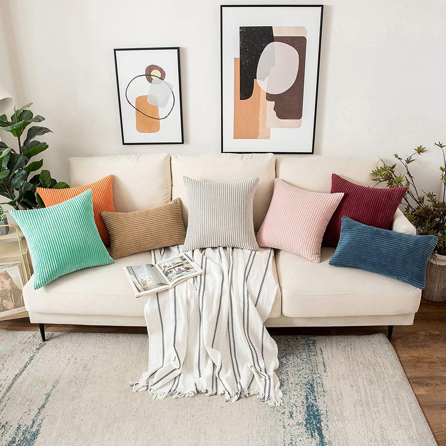 Funda de Cojines de Pana a Rayas Funda de Almohada Cuadrado Suave Decoración Moderna para Sofá Silla Habitación Cama Salón 45x45cm Rosa