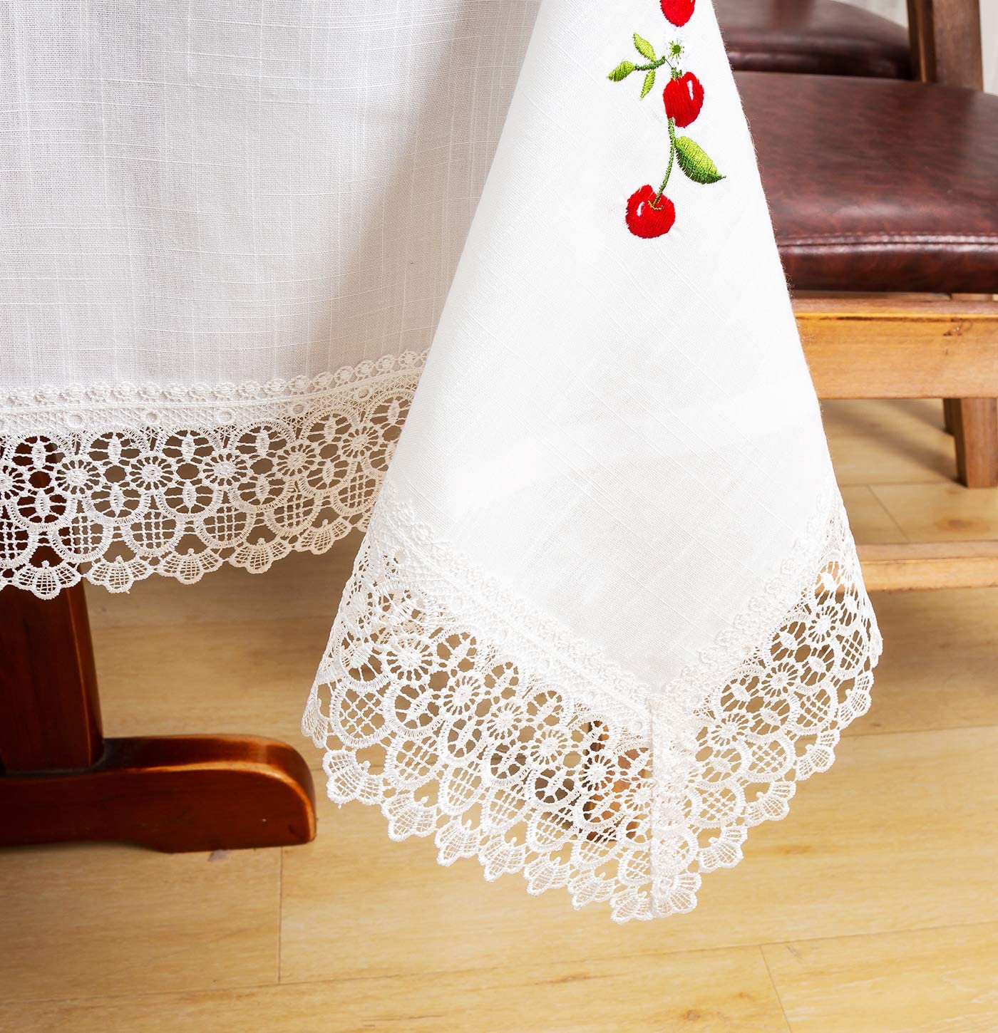 Manteles Redondo Algodon Lino - Mantel Decorativo con Diseño Bordado Cerezas para Mesa de Cocina - Comedor