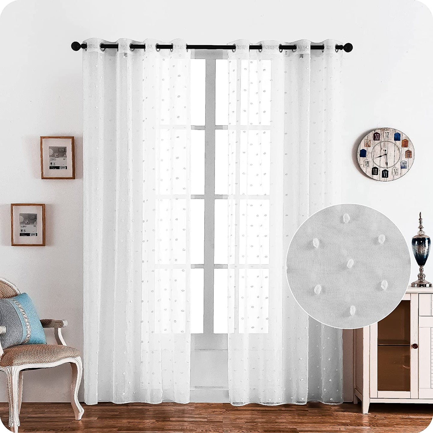 Cortina Sálon Dormitorio Translúcida con Diseño de Pompones levantados para Ventana Cocina Comedor 140x260cm Blanco