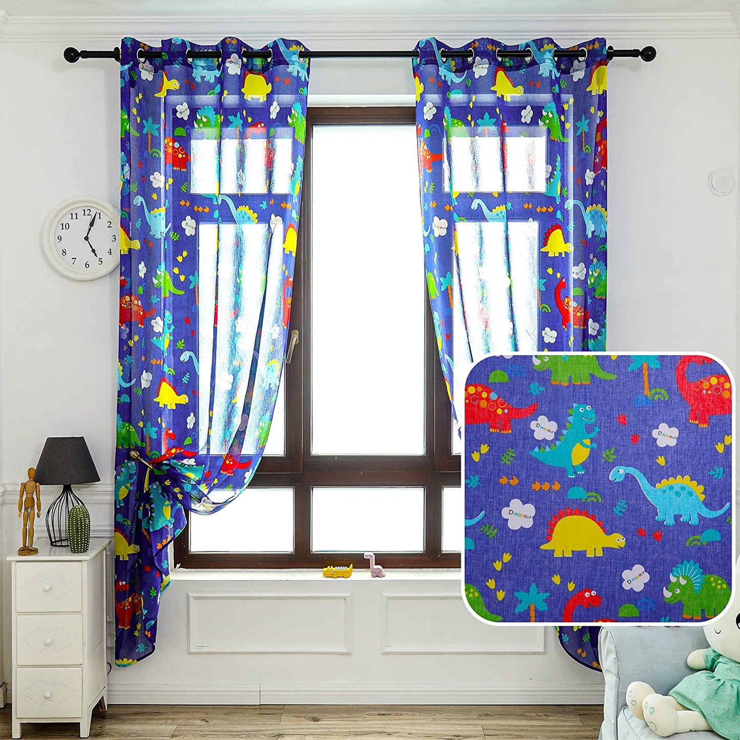 Cortinas Infantiles Niño Translucido Dos Paneles de 140x260cm- Cortinas Juveniles Animales para Habitación Sala de Estar 2 Piezas Patrón de Dinosaurio