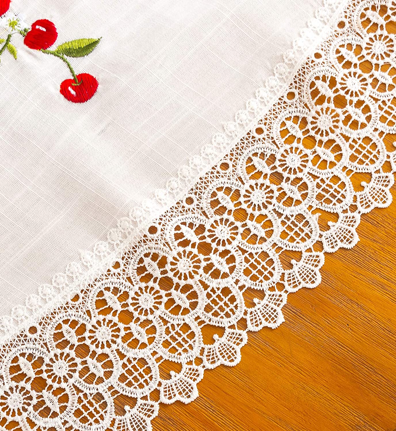 Manteles Redondo Algodon Lino - Mantel Decorativo con Diseño Bordado Cerezas para Mesa de Cocina - Comedor